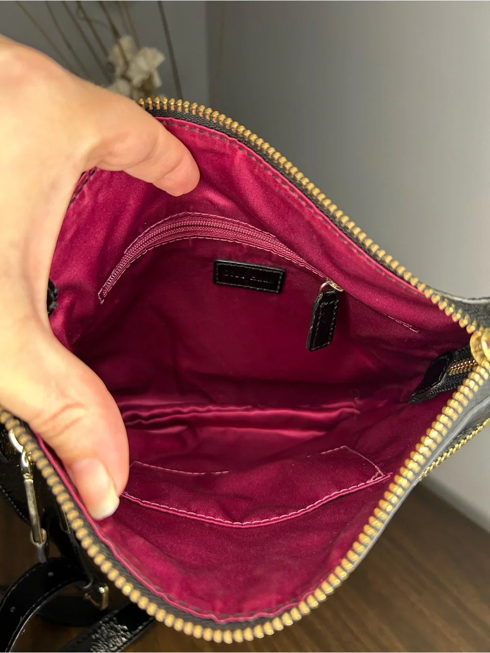 Cole Haan Black Patent Leather Pink Interior Double Zip Crossbody Bag